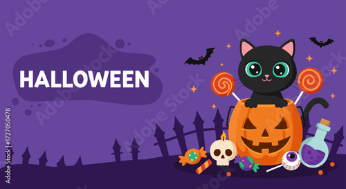 Cartoon vector set of spooky black cat, pumpkin, bats, and candies under a dark autumn moon night sky for a scary Halloween background illustration