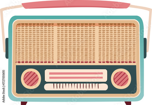 A vintage, retro-style radio. An isolated vector illustration for concepts of music, nostalgia, and old technology. Generative AI