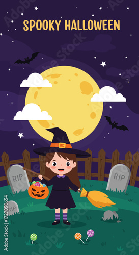 Vector cartoon illustration of a little girl witch celebrate halloween