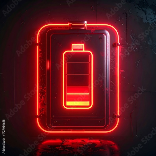 Neon battery graphic on metallic panel