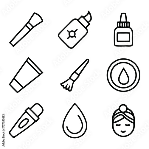Collection of hand drawn outline icons representing beauty and skincare products and tools for cosmetic applications