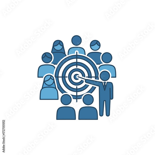 A business person pointing at the center of a target, surrounded by a group of people representing a target audience.
