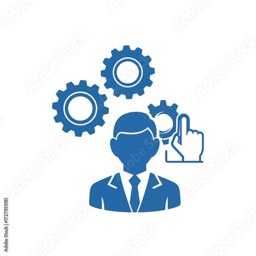 Man in suit interacting with gears, symbolizing management or engineering.