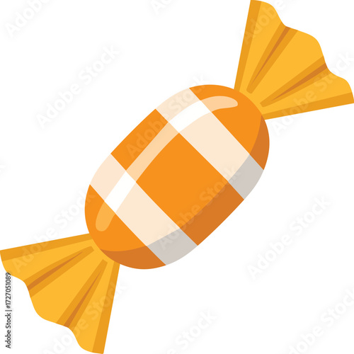 A single, orange and white striped, wrapped hard candy. An isolated vector illustration of a sweet treat. Generative AI