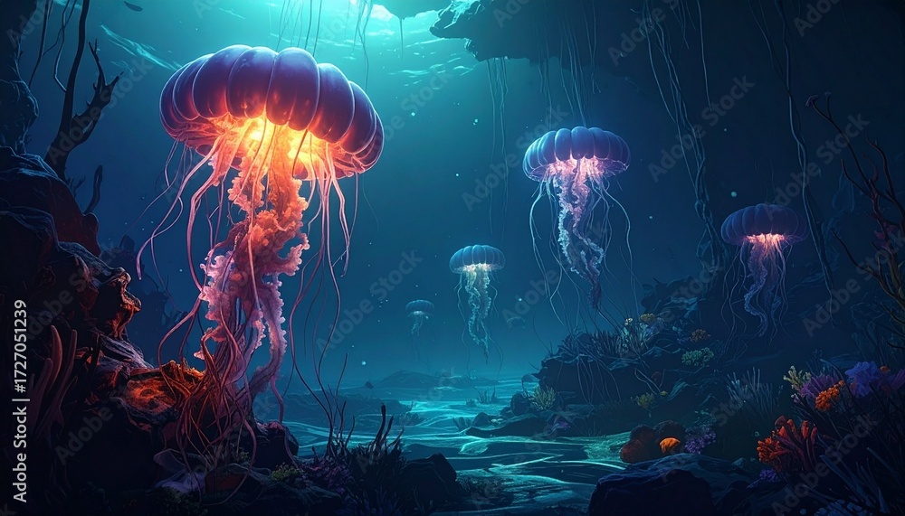 Fototapeta premium Glowing Jellyfish in Dark Deep Sea – Horror Underwater Scene