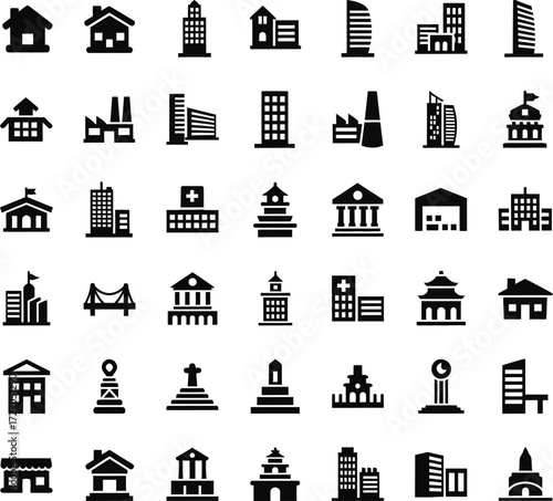 Collection of diverse building icons representing architecture and real estate
