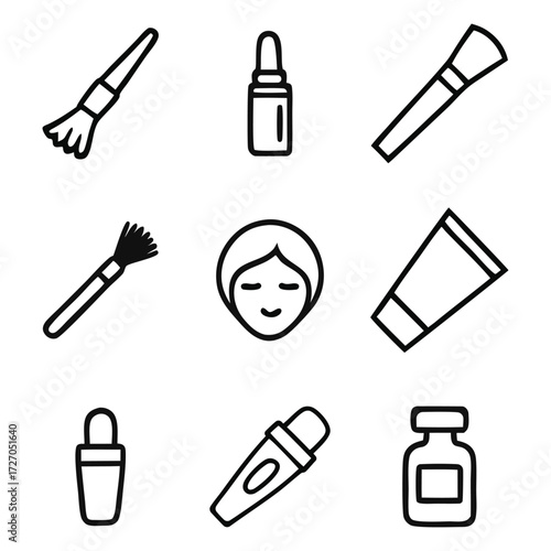 Collection of hand drawn cosmetic and beauty product icons for skincare and makeup application