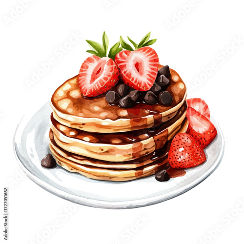 Chocolate Chip Pancakes With Strawberries, watercolor painting vector, isolated on a white background.