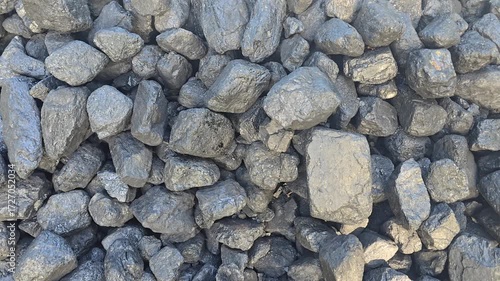 A close-up view of a large, dense pile of lumpy, dark gray to black coal, featuring an irregular and rough texture. Video 4k