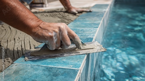 Workers hand spreads cement grout on blue ceramic pool tiles using trowel Construction repair process in detail