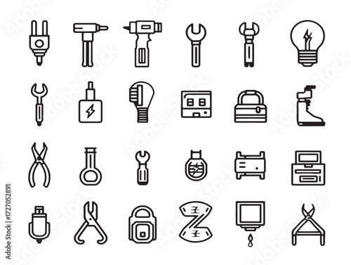Professional Electrician Tools Set Creative Outline Vector Illustration