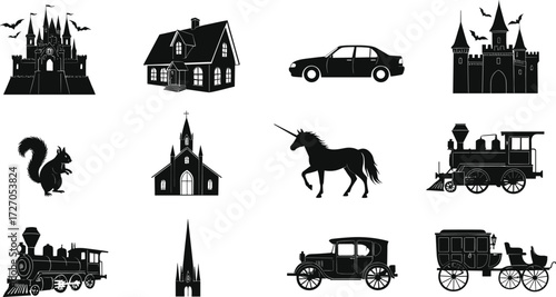 Black Silhouette Icons of Castles, Churches, Animals, Cars, Unicorns, and Carriages for Fantasy, Historical, and Transportation Vector Design Projects