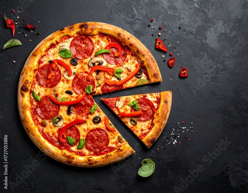 Pizza slice on dark background