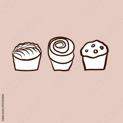 Muffins, cupcakes, brownies, cakes, sweet pastries. English and American cuisine, bakery, confectionery. Vector illustration on isolated background. Design element for cafe logo, card, label 
