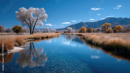 Irrigation Canal Landscape with Trees Reflecting in Blue Water Under Sunny Sky
