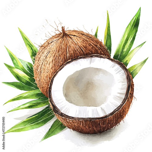 watercolor of Coconut, vector, isolated on a white background.