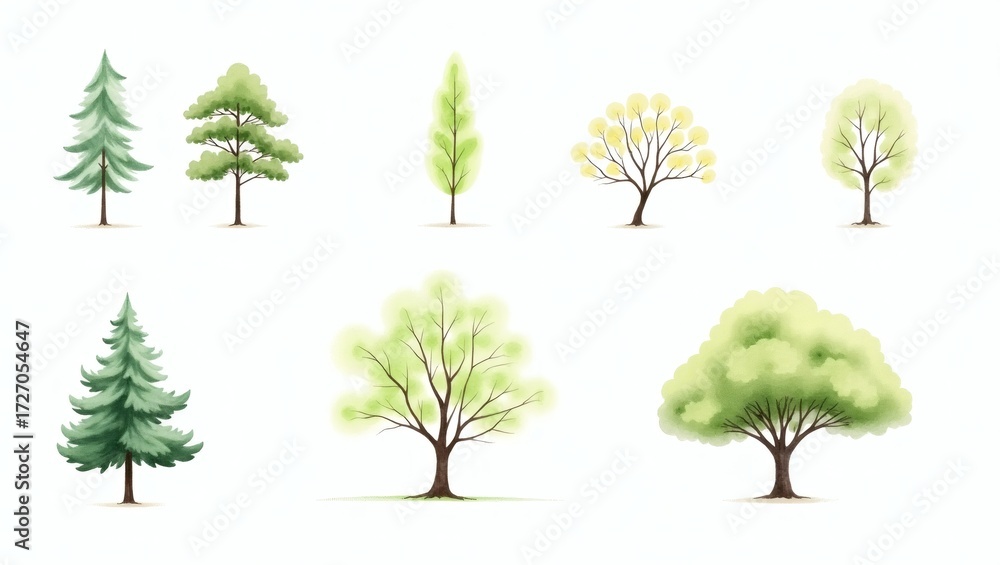 Fototapeta premium Watercolor illustrations of various trees with lush foliage, perfect for any nature-themed project