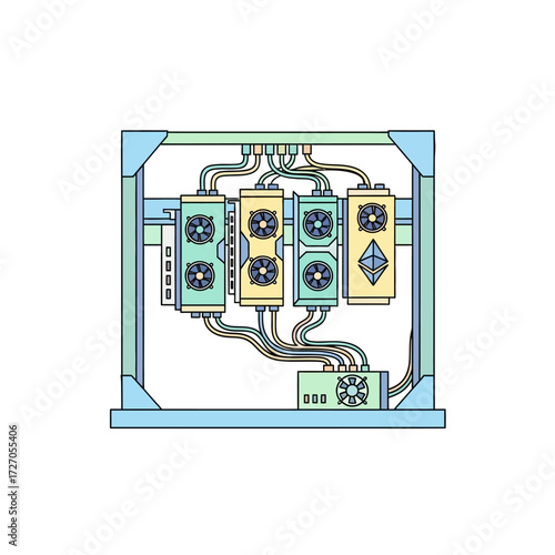 Line art illustration of a modern computing system designed for high-performance processing of blockchain transactions and generation of virtual digital currency