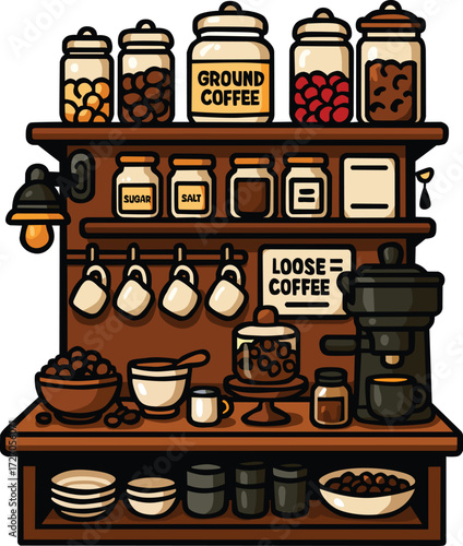 Cozy Coffee shop set vector illustration featuring jars, cups, grinder, beans, sugar, and espresso machine. Perfect for café branding, menu, poster, or digital artwork needs.