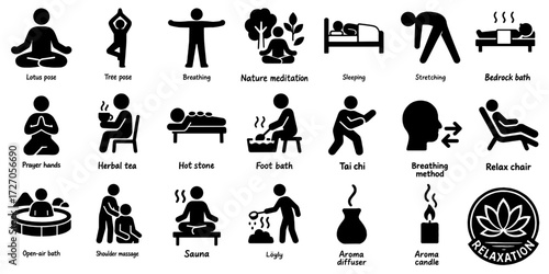 リラクゼーションとウェルネスのシルエットアイコンセット、Relaxation and Wellness Silhouette Icon Set