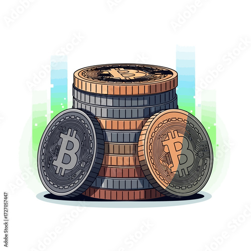 Vector illustration of stacked digital currency coins, gold and silver tokens symbolizing cryptocurrency investment and blockchain finance