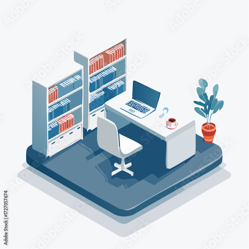 Isometric Remote Work Home Office Vector Illustration – Laptop, Coffee, Books, and Plant on Desk
