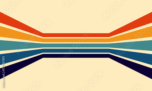Retro-inspired abstract background with converging horizontal stripes in warm and cool vintage colors, creating a tunnel-like perspective.