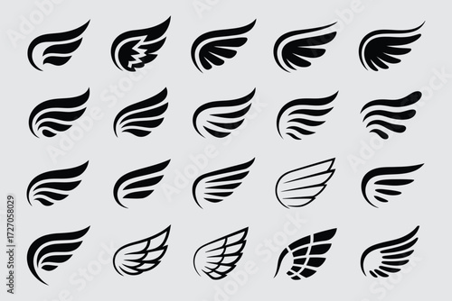 Bird wings and fast eagle emblem, isolated vector stencil for angel wings, victory insignia, or sketches