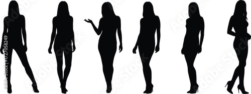 Black Silhouette Icons of Female Standing Poses in High Heels for Fashion, Body Language, Modeling, and Artistic Vector Design Projects