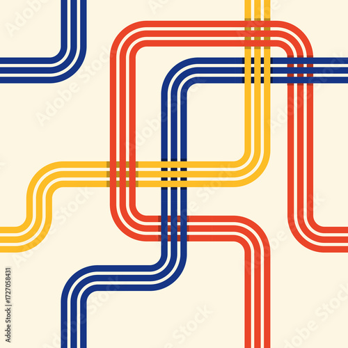 Retro abstract pattern of interconnected red, yellow, and blue striped lines on a cream background.