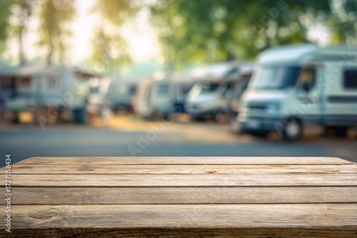 empty wooden table top with a blurred background of caravans