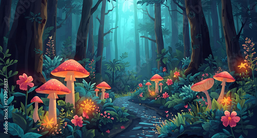 Glowing mushrooms in the forest