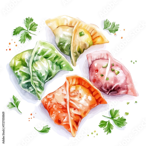 watercolor vector of Colorful Vegetable Dumplings, isolated on a white background.