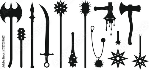 Black Silhouette Icons of Medieval Axes, Swords, Maces, Flails, and Spears for Fantasy Game Design and Historical Vector Illustration Projects