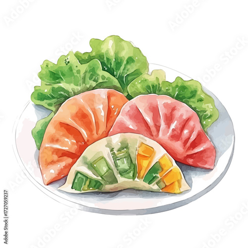 Colorful Vegetable Dumplings, watercolor painting vector, isolated on a white background.