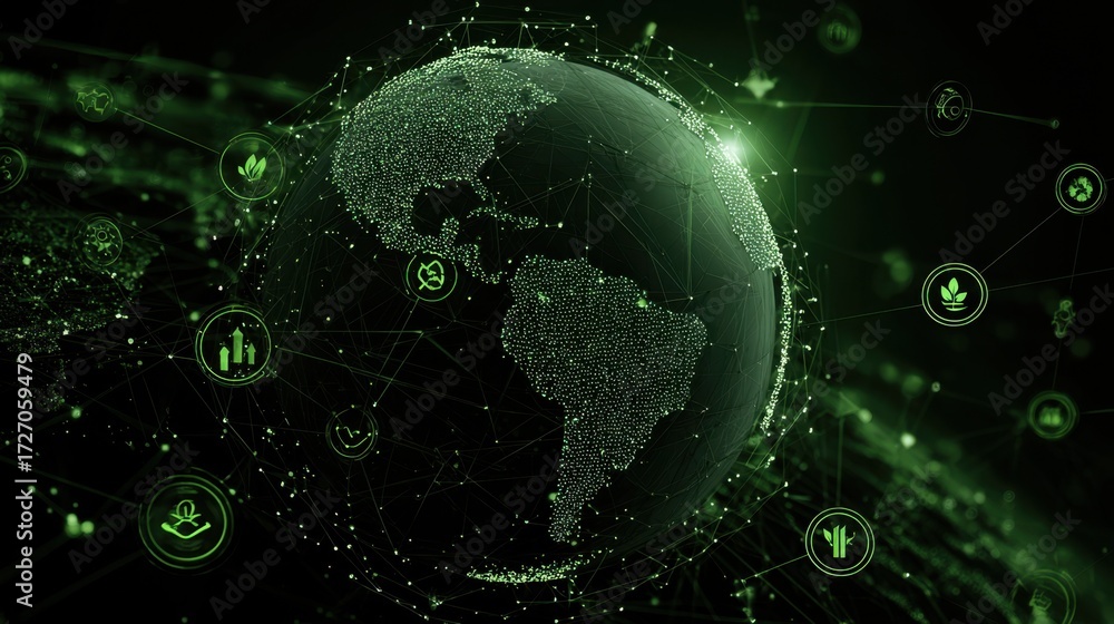 Obraz premium Green Earth with Sustainable Icons Representing Environmental Awareness and Eco-Friendly Practices Around the Globe