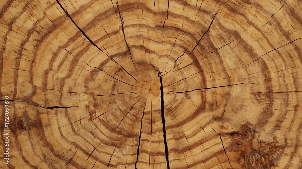 Fototapeta premium a detailed image of wood, featuring a natural wood grain pattern with warm golden brown colors and visible growth rings, the wood surface is rugged and textured with subtle cracks and imperfections