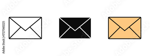 Email icon illustrated in line art, fill, and colored outline styles with a clean white background. Perfect for mail, messages, business communication, and online contact.
