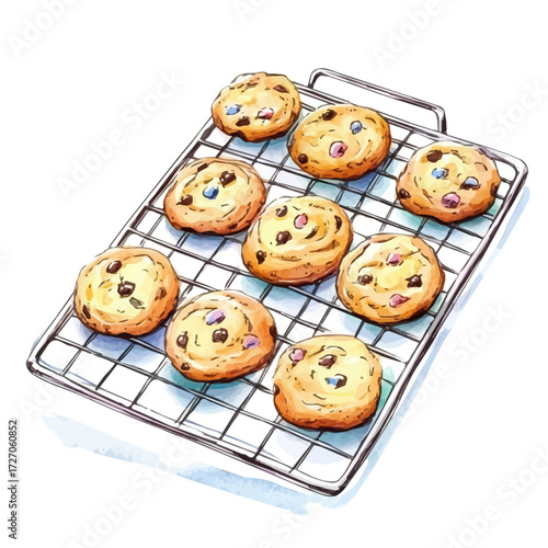 Cooling Rack With Cookies, watercolor illustration vector, isolated on a white background.