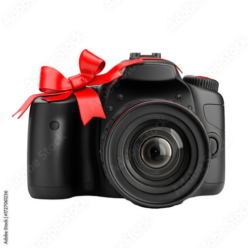 Black camera with red ribbon bow. Isolated white background. Png format