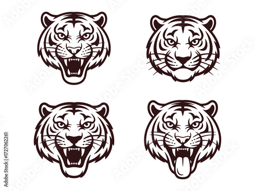 Tiger head vector illustration with bold stripes and fierce face in wildlife style