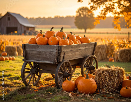 Vibrant orange pumpkins fill a rustic wooden cart on an autumn farm. Golden hour illuminates hay bales and a barn, embodying the spirit of bountiful fall harvest