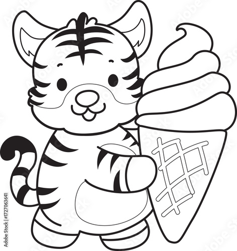 Coloring book of cute tiger character vector clip art for children.  