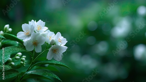 Closeup of White Jasmine Flowers with Water Droplets Against a Blurred Green Background