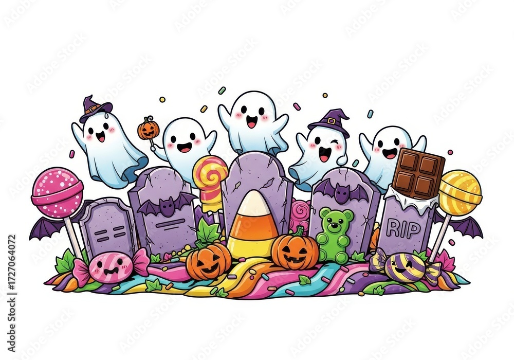 Fototapeta premium Cute cartoon ghosts and Halloween candy graveyard illustration tombstone