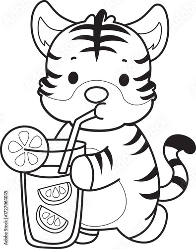 Coloring book of cute tiger character vector clip art for children.  
