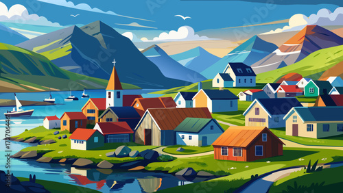 very beautiful Nestled village along the serene fjord of the Faroe Islands under clear blue skies