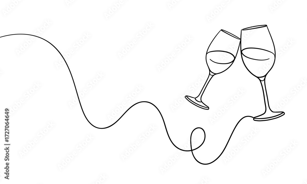 Obraz premium Continuous line champagne cheers one line art, continuous drawing contour. Hands toasting with wine glasses with drinks. Cheers toast festive decoration for holidays. Vector illustration 