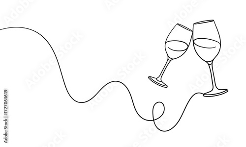 Continuous line champagne cheers one line art, continuous drawing contour. Hands toasting with wine glasses with drinks. Cheers toast festive decoration for holidays. Vector illustration	