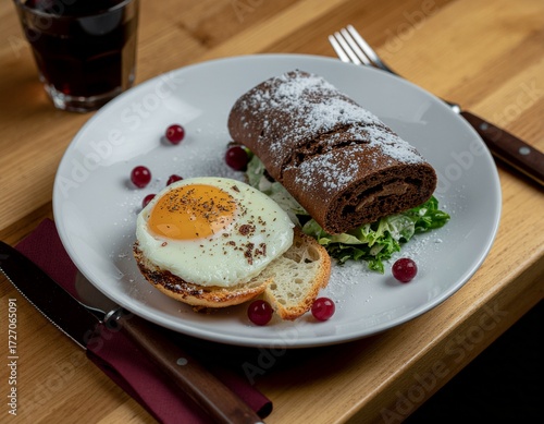 A high-angle shot of a gourmet plate featuring a sunny-side-up egg on toasted bread, fresh leafy greens, a rolled chocolate pastry dusted with powdered sugar, and red berries